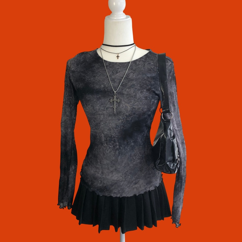 Vintage Y2K Mesh Grunge Top Womens S/M Gray Tie Dye Crinkle Lettuce Trim